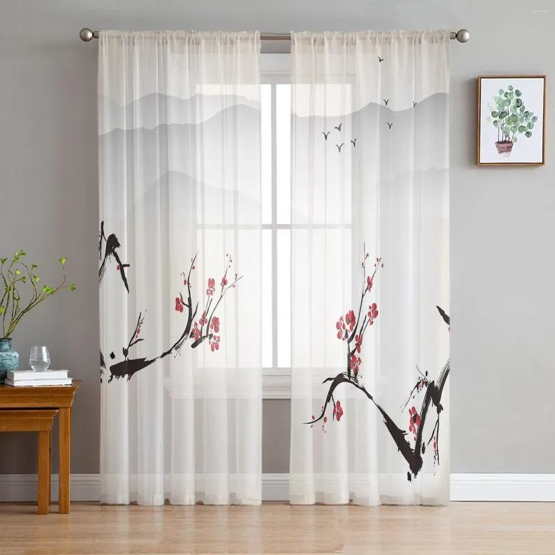 Vorhang im chinesischen Stil, Pflaumenblüten-Landschaft, durchsichtige Vorhänge für Wohnzimmer, Schlafzimmer, Dekor, Chiffon, Tüll, Voile, Küchenfenster