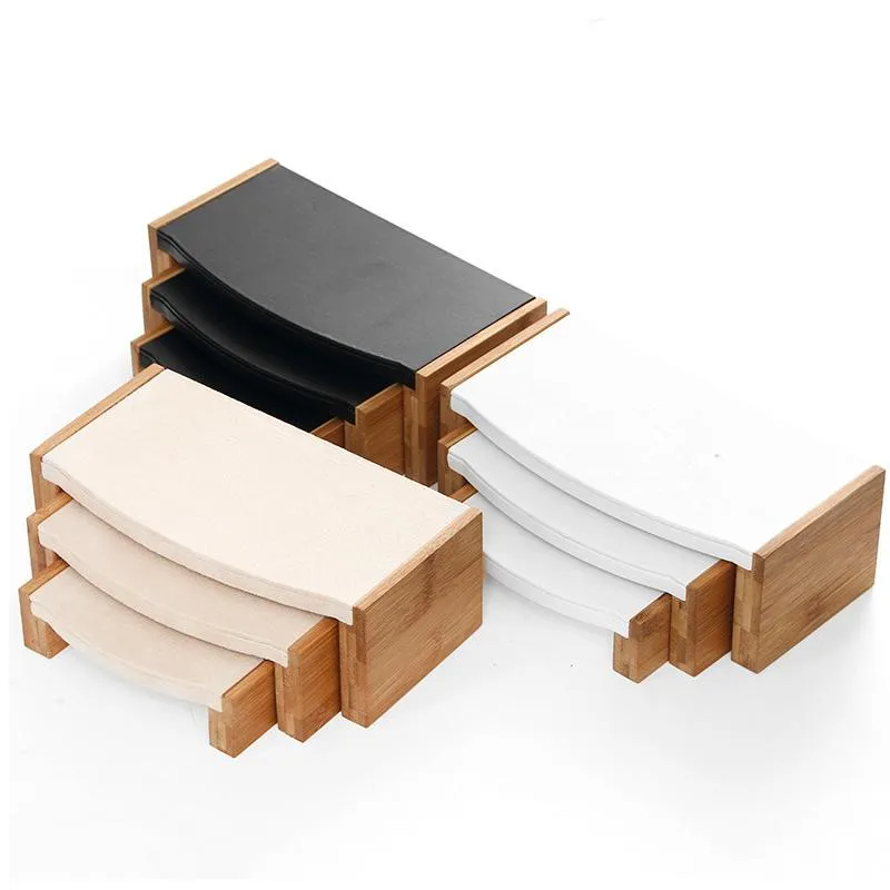 Boxen 3 PC/Set Bambus Stoff/PU Leder Anhänger Halskette Display Ständer Armband Ringe Ohren Juwelier Organizer Rack