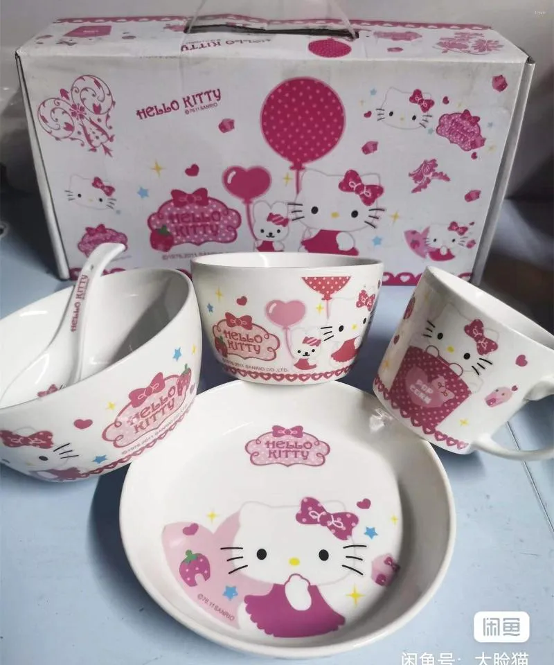 Bols 5 pièces Kitty Vaisselle Céramique Bol Ensemble Plat Tasse Cuisine Cuisine Outils Accessoire Ménage Vaisselle Décor À La Maison Porcelaine