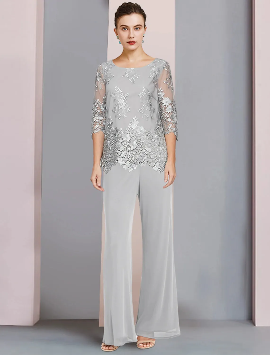 Elegant Mother of the Bride Jumpsuit Dress Chiffon Lace Silver