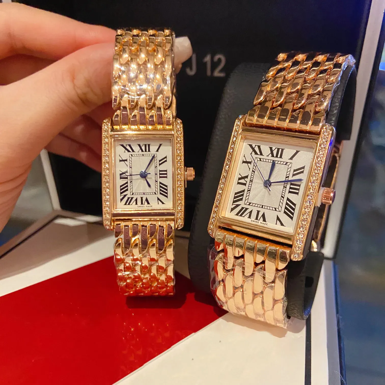 U1 Couple de luxe de qualité supérieure montres hommes et femmes coffret cadeau montres de réservoir vintage diamant or platine rectangle montre à quartz en acier inoxydable cadeaux de mode pour amoureux