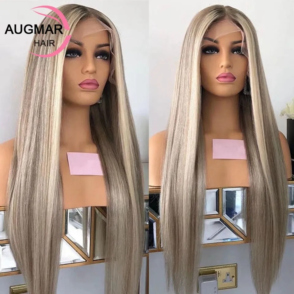 Long Straight Highlight Blonde Human Hair Wigs 360 Lace Frontal Wig Blonde Colored Synthetic Lace Front Wig For Women PrePlucked