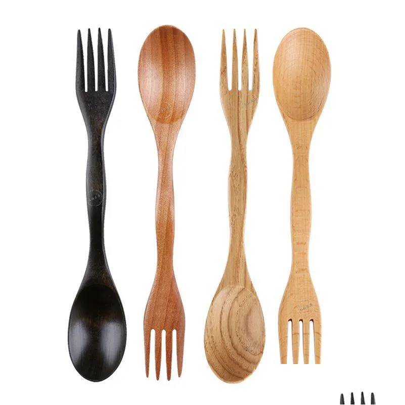 Spoons Wooden Simple Spoon Fork Outdoor Portable Mtifunctional Tableware Creative Design Dual Use Dinnerware Household Kitchen Tool Dhzu8