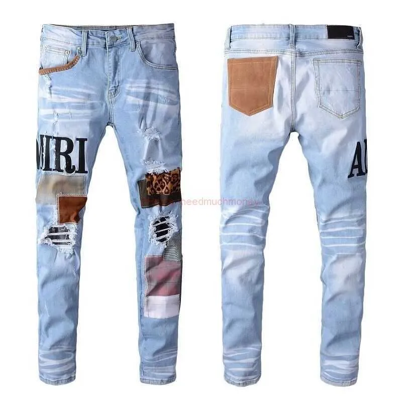 Designer Clothing Amires Jeans Denim Pants Amies Fashion Mens Trousers with Black Holes Embroidered Patch Elastic Slim Pants Jeans 614 Distressed Ripped Skinny Mot