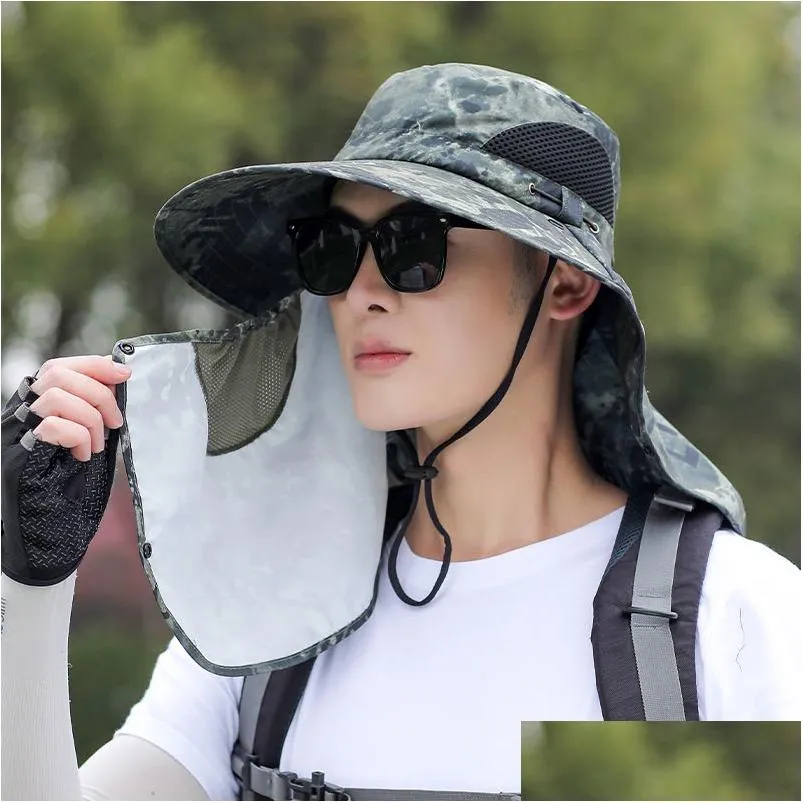 Wide Brim Hats Bucket Camouflage Hat Outdoor Mountaineering Fishing Breathable Sunsn Face Mask Sun Cap Drop Delivery Fashion Acces Dht6F