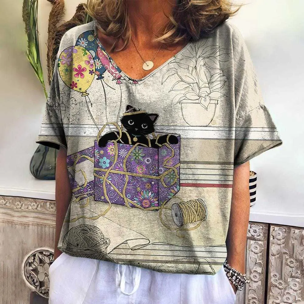 T-Shirt Neue Sommer Kurzarm Top Katze Grafik V-ausschnitt Übergroßen 2023 Mädchen Straße Kleidung frauen T-shirt P230523