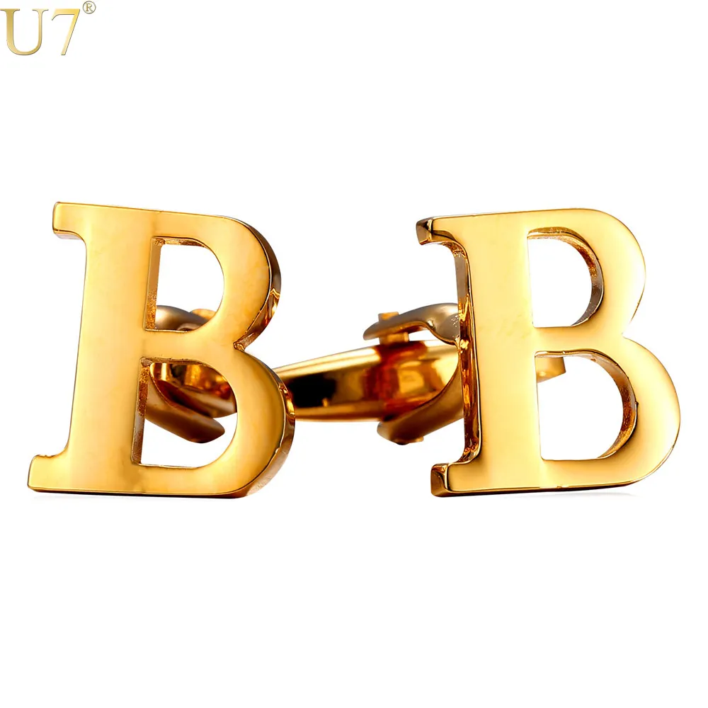 U7 marque métal Alphabet B lettre boutons de manchette pour hommes fête des pères cadeaux bouton de manchette liens garçons d'honneur nom bijoux à la mode C202