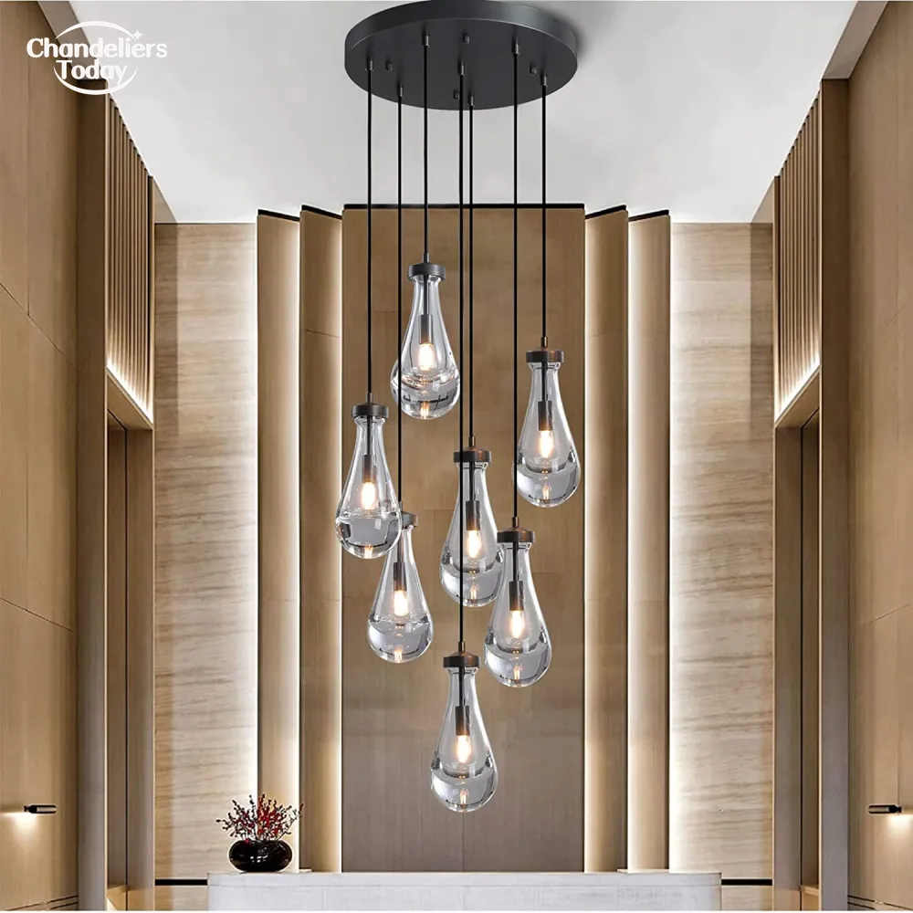 Rain Round Chandeliers Modern Drop Glass Large Pendant Light Fixtures for Living Room Bedroom Dining Room Staircase Hanging Lamps