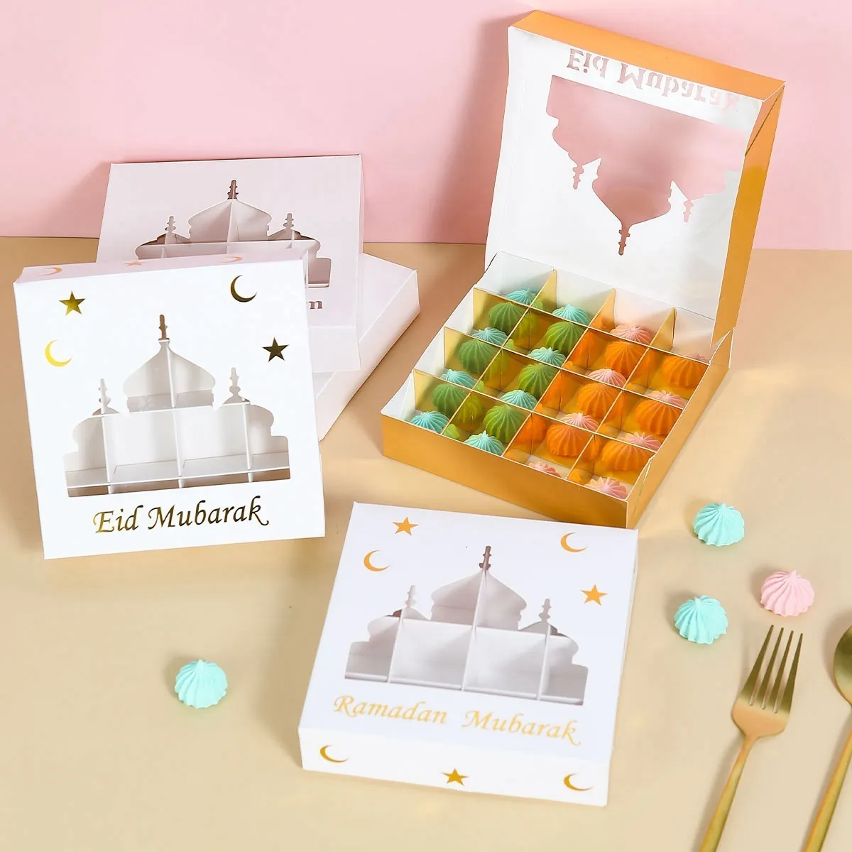 Geschenkwikkel Eid Mubarak Box Ramadan Decoratie voor Home Cake Biscuit Candy Islamic Muslim Party Decor Kareem Gifts 230522