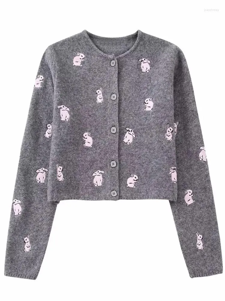 Femmes Tricots Mignon Dames Printemps Tricoté Gris Cardigans Outwear Femmes Broderie Court Chandails Femme Casual Chic