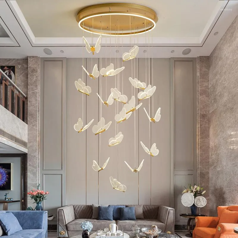 Chandeliers Modern Butterfly Desing LED Chandelier Acrylic Exhibition Hall Staircase Long Lamp For Living Room Gold Indoor Lighting Fixtures