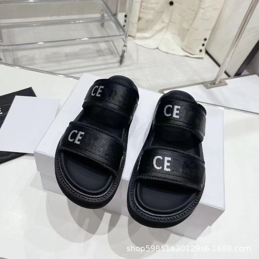 New Vintage Letter Cross Webbing Slippers Open Toe Platform Women`s Shoes Cake Flip-flop Lazy Slippers