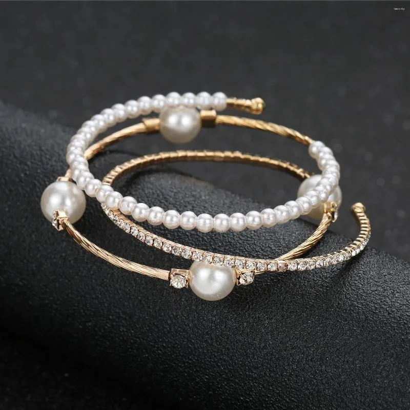 Bangle Wedding Jewelry Gold Silver Color Open Cuff Armband Bridal Simple Simulated Pearl Ball Bead Justerbara armband för kvinnor