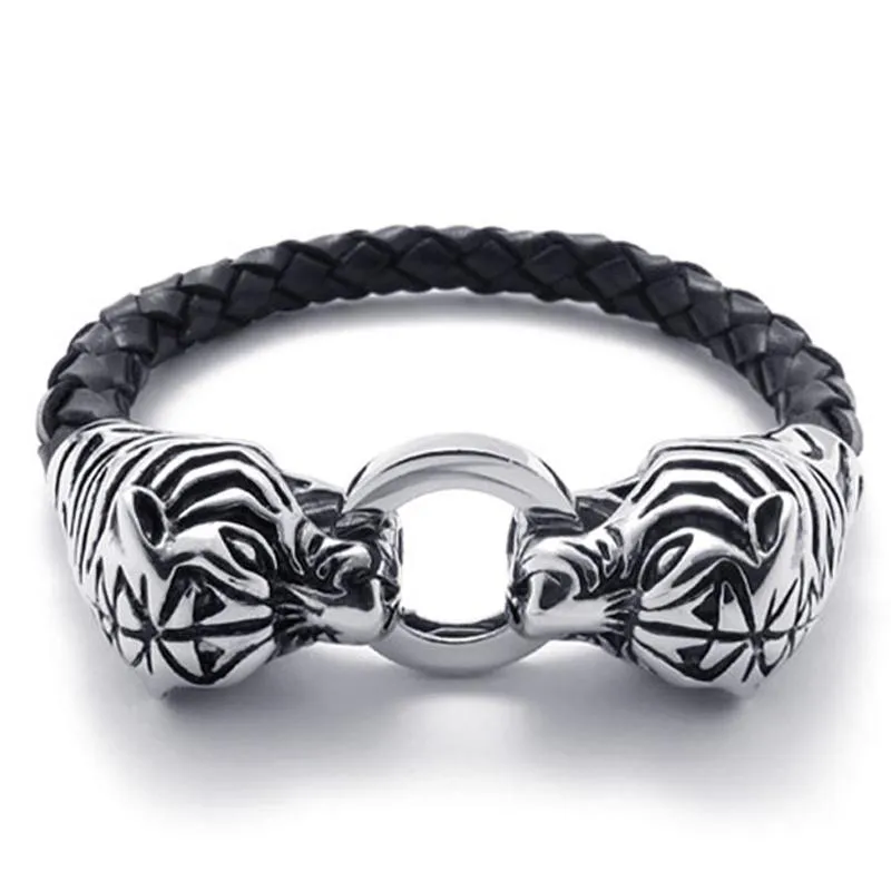 Pulseiras masculinas de aço inoxidável dragão/tigre pulseira moda viking dragão cabeça pulseira de couro acessórios masculinos pulseira de energia