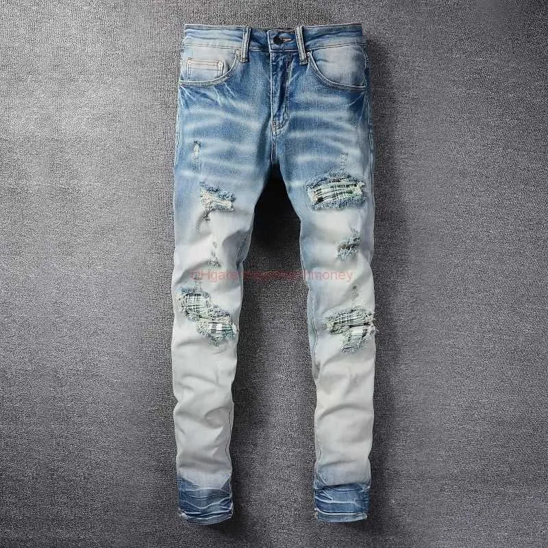 Designerkleidung Amires Jeans Denim Hosen Amies 833 High Street Fashion Brandneuer Stil Abgenutzte helle Farbe Zerrissene Jeans Herren Leinen Plaid Patch Slim Hosen Fashion Dist