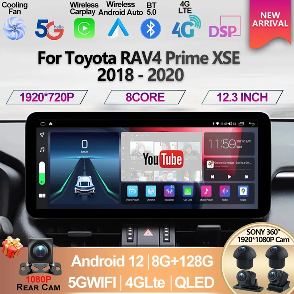 Per Toyota RAV4 Prime XSE 2018-2020 12.3 pollici Android 12 Dello Schermo Car Multimedia Video Player di Navigazione GPS Radio Carplay HeadUnit-3