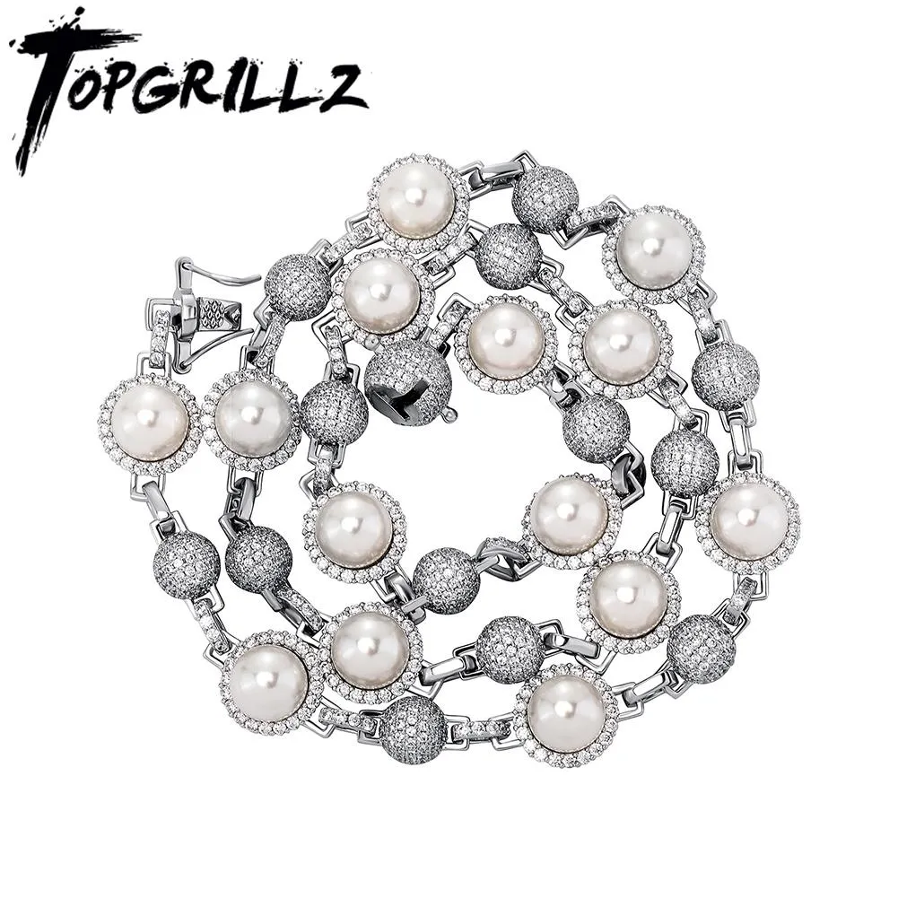 Colliers Topgrillz New Womens Shell Beads Collier Choker avec Iced Full Micro Pave cubic Zirconia Hip Hop Vintage Pearl Jewelry