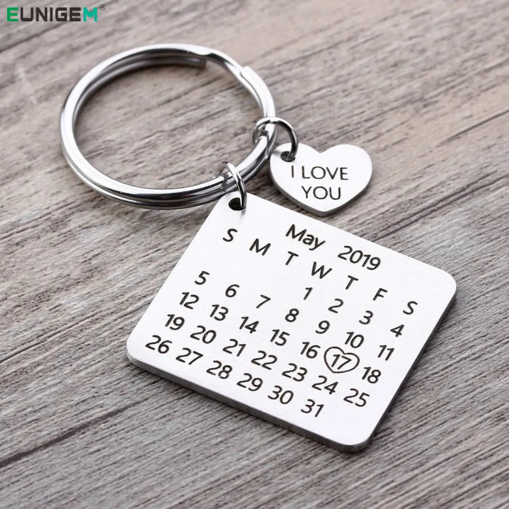 Keychains de calendário personalizado Data de data personalizada anel de cadeia de chaves DIY Presente de aniversário DIY para namorados namorados