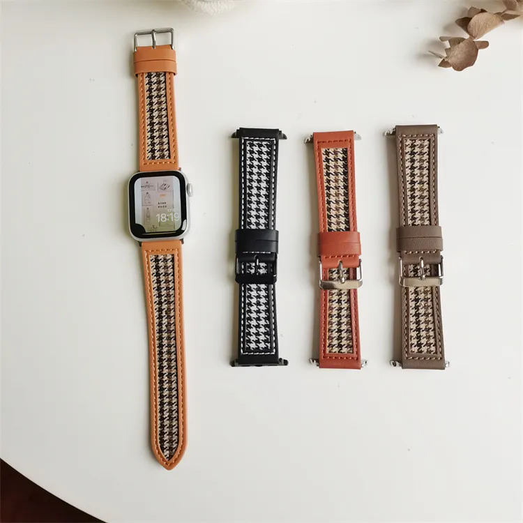 Luxury Check Canvas Leather Loop Strap For Apple Watch 40mm 44mm 45mm 41mm 38mm Band Wristbands Bracelet For Iwatch Series 8 7 6 5 4 3 Watchband Replacement Accessories