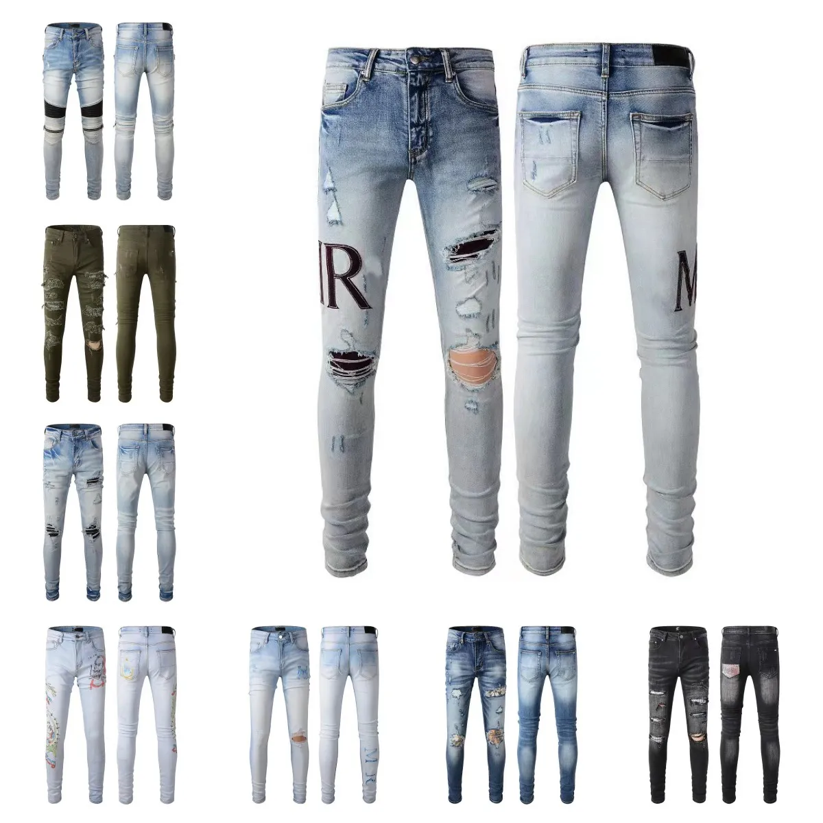 Jeans déchirés noirs jeans de designer Moto Trendy Ripped patchwork trou Taille 30-40 Streetwear toute l'année jeans à jambes minces28-40