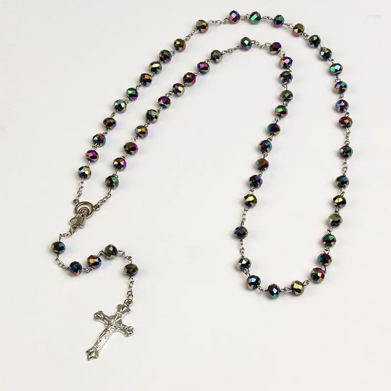Collares pendientes Moda Hecho a mano Cuentas redondas de cristal Rosario católico Calidad Perla Cruz Collar Religioso