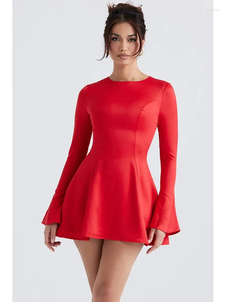 Casual Dresses BEVENCCEL Sexy O Neck Flare Sleeve A-line Mini Dress Elegant Red Long Bodycon Fashion Women Party Club