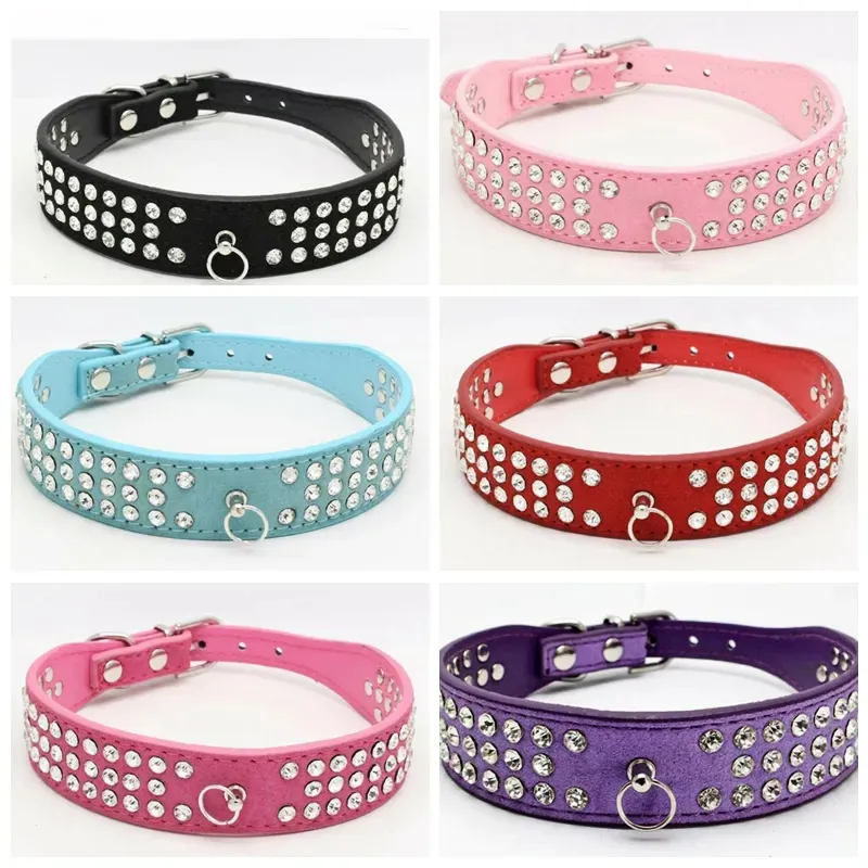 personalized Length Suede Skin Jeweled Rhinestones Pet Dog Collars Three Rows Crystal Diamonds Studded Puppy Dog Collar