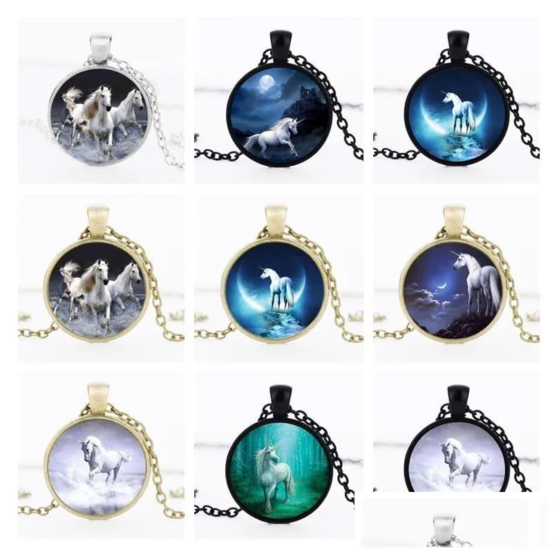 Pendant Necklaces Brand New Hot White Horse Unicorn Time Gem Necklace With Chain Mix Order 20 Pieces A Lot Drop Delivery Jewelry Pen Dhfb6