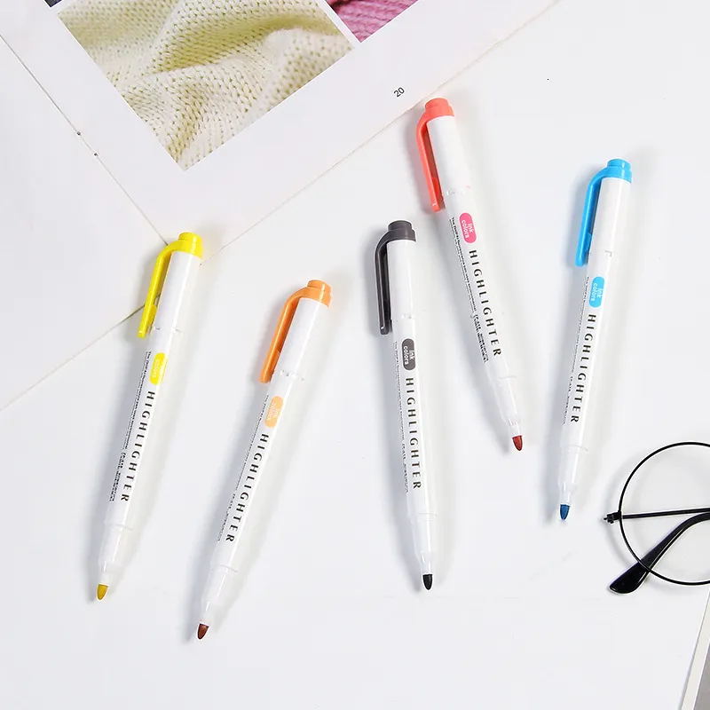 5 Colors/box Double Headed Highlighter Pen Set Fluorescent Markers  Highlighters Pens Art Marker Japanese Cute Kawaii Stationery,For School  students