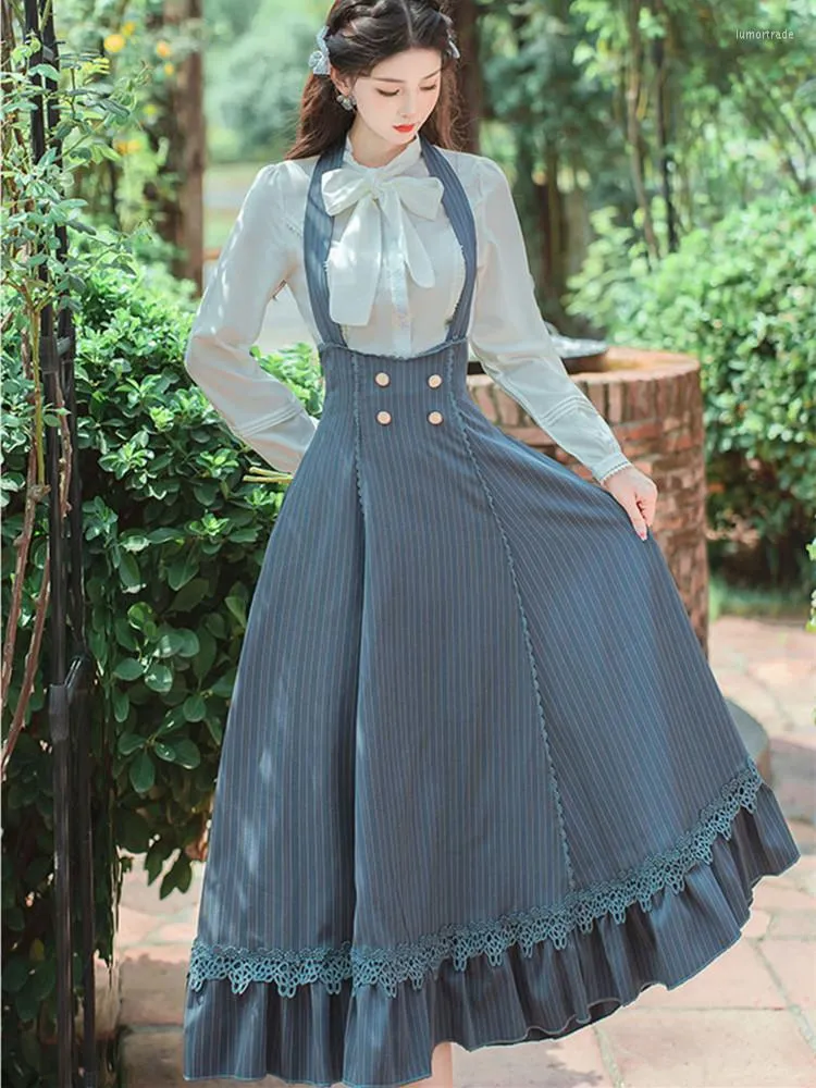 Casual Dresses England Style Woman Outfits Modern Vintage Chic Design Brodery White Shirt Topps Blue Strip Kjol Elegant Lady 2