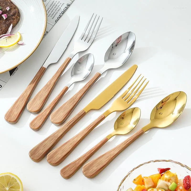 Dijksies Sets Bestek serveergoed Set Gold Roestvrij stalen mes Vork lepel Creatieve westerse flatware Wood graan Knifes Forks