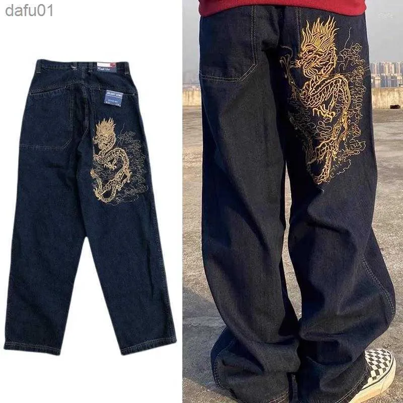 Men's Jeans Men's Jeans Vintage Embroidered Dragon Print Mens Oversized Y2K Pants Hip Hop Streetwear Wide Leg Skateboard Holes Loose L230520