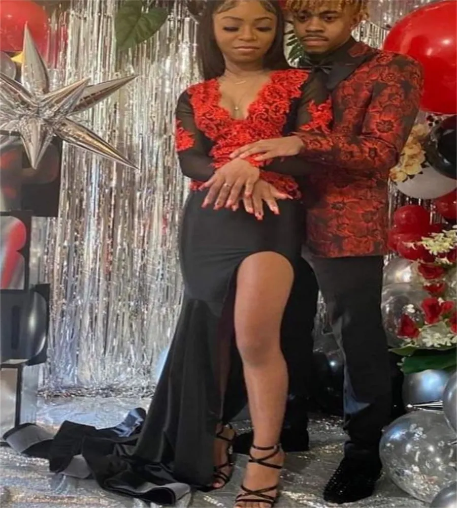 Long Sleeve Black Dress Red Pumps Formal Black Dress With Red