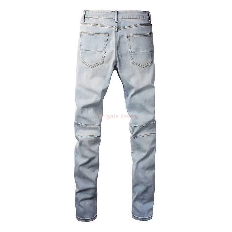 Roupas de grife Amires Jeans Cal a jeans Amies High Street Panel Couro Punk Motocicleta Lavagem antiga Ajuste fino P s pequenos Cal a jeans fashion