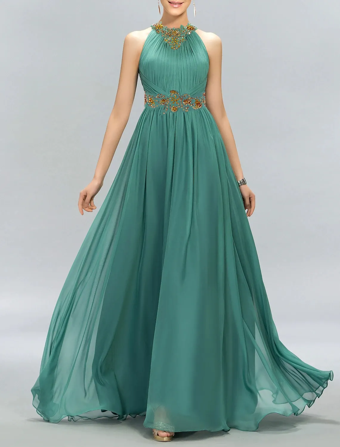 Elegant Jade Formal Evening Dress 2023 Halter Gold Beads Sleeveless Floor Length Chiffon Prom Party Gowns Robe De Soiree Vestidos De Feast