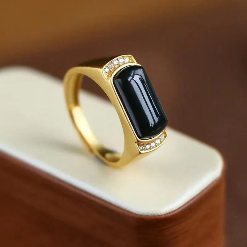 Cluster Rings Natural Obsidian 18k Yellow Gold Mens Resizable Fine Wedding Luxury African Jewelry 2023 Vintage Soild