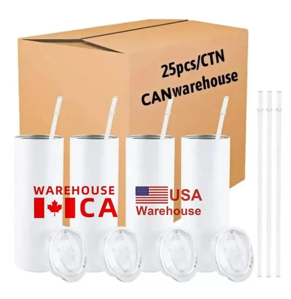 USA CA Local Warehouse 25pc/box STRAIGHT 20oz Sublimation Tumblers with Straw Stainless Steel Water Bottles Double Insulated Cups Mugs for Birthday Gifts GJ0524