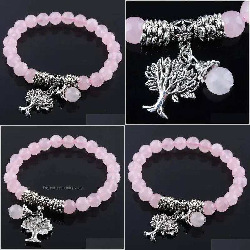 Beaded 8Mm Natural Rose Quartzs Strand Stone Bracelet Pink Crystal Beads Stretch Bangle Metal Tree Of Life Charms Jewelry K3219 Drop Dhldq