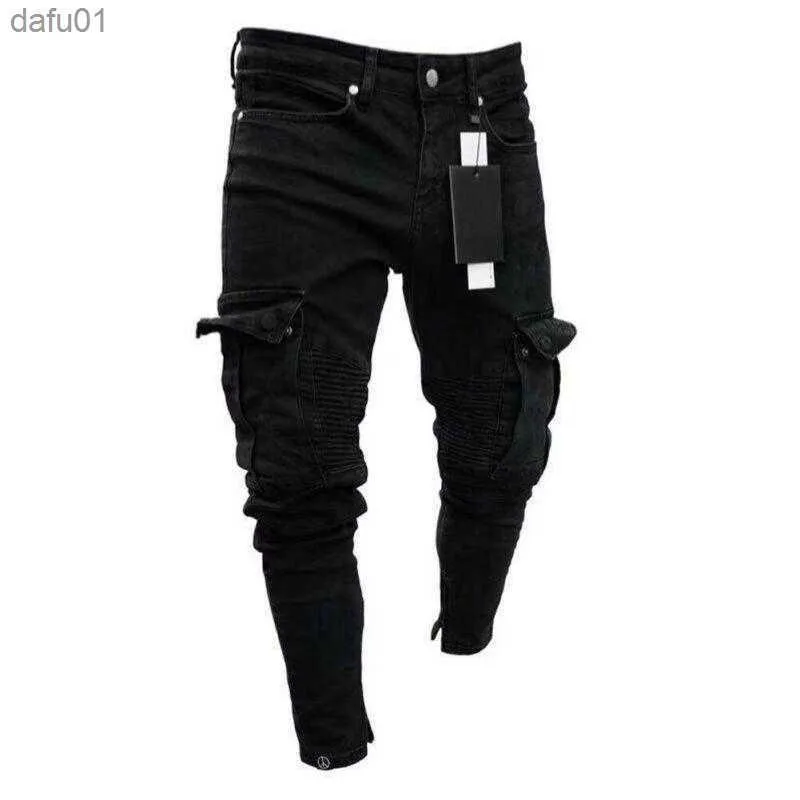 Mäns jeans Mens Designer Skinny Jeans Black Man Denim Jean Biker förstörde Frayed Slim Fit Pocket Cargo Pencil Pants Plus Size S-3XL Fashion L230520