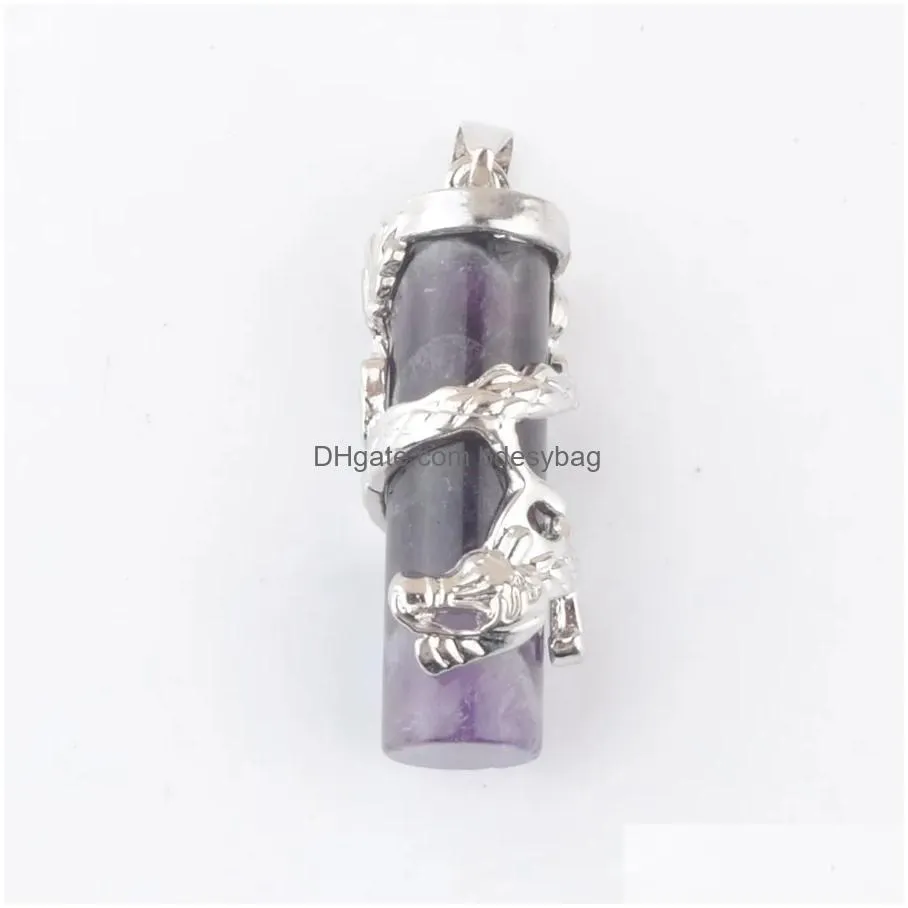 Pendant Necklaces Dragon Wrap Drop Cylindrical Natural Gem Stone Jewellery Reiki Men Women Jewelry Pendum Amet Bn462 Delivery Pendant Dh3Il