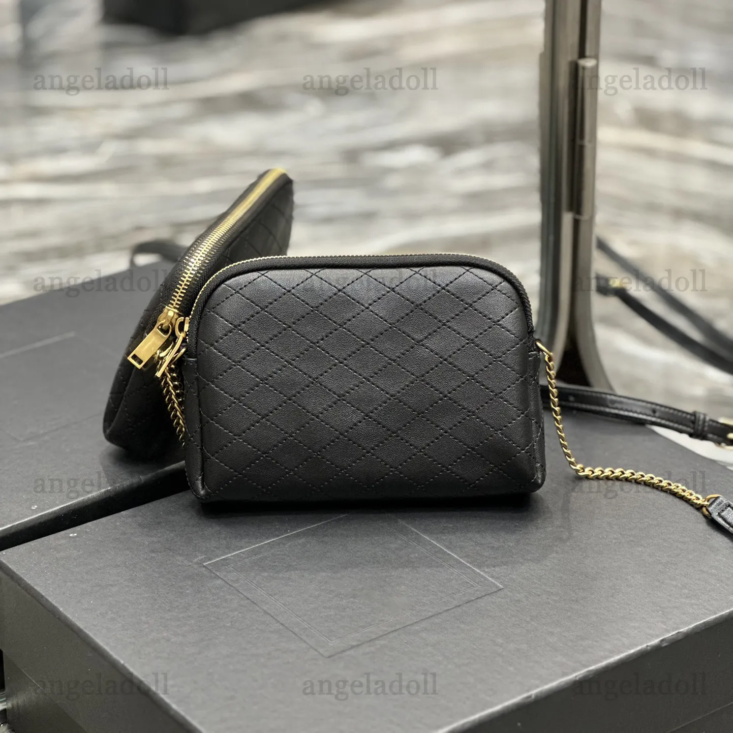 10A Designer-Mini-Shell-Taschen in Spiegelqualität, Mini-Damenhandtasche, 19 cm, echtes Leder, Lammfell, gesteppt, schwarze Geldbörse, Luxus-Clutch, Umhängetasche, Schultertasche mit Kette