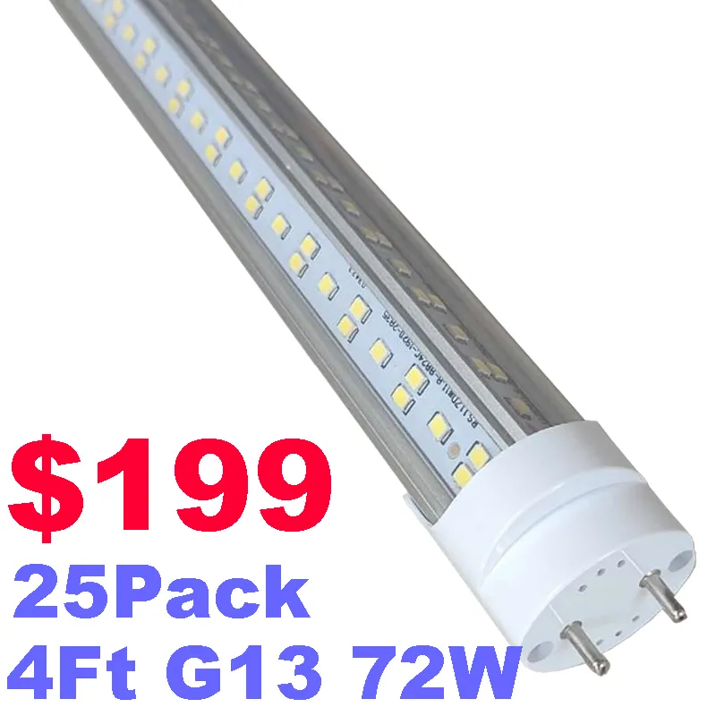 T8 LED Tube Light Bulbs 4FT 72W 6500K Light, Double Ended Power 4 Foot LED Fluorescent Tube Replacement High Output V-Shaped Bi-Pin G13 Base Ballast crestech168