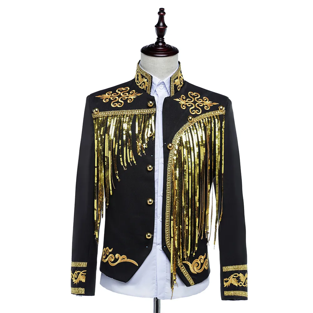 Male Sequins Tassel Jacket Stand Collar Slim Fit Fringe Coat Stage Costume Bar Singer Sequined Black White Performance Jackets Dancer Team Nightclub Costume