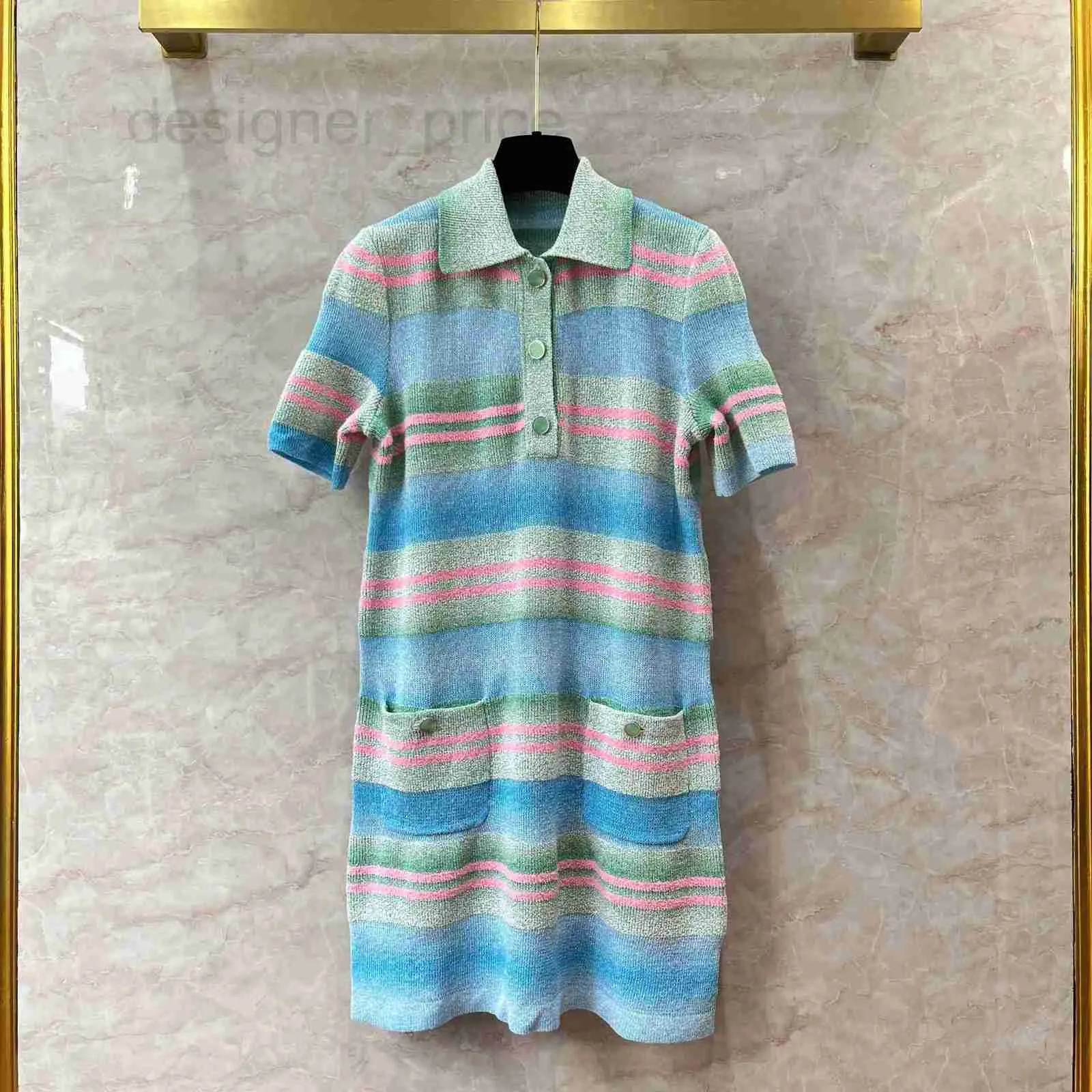 Basic & Casual Dresses designer Polo collar short sleeved knitted dress for women chic blue pink color stripe loose fitting skirt shirt ZIQ7