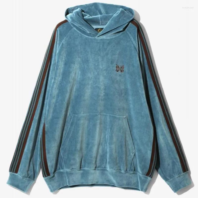 Men's Hoodies Light Blue Velvet AWGE Needles Hoodie Men Women Heavy Fabric Embroidery Butterfly Pullover Loose Fashion Sweatshirts