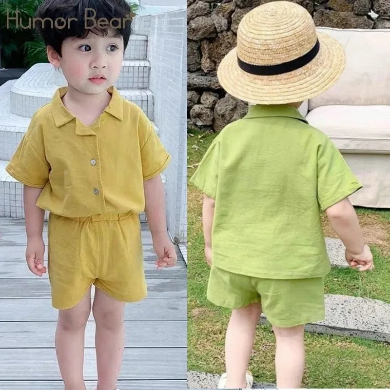 Clothing Sets Humor Bear Japanese Korean Style Boys Cotton Linen Kids All Match Single Breasted Shirt Shorts 2Pcs Suits 230524