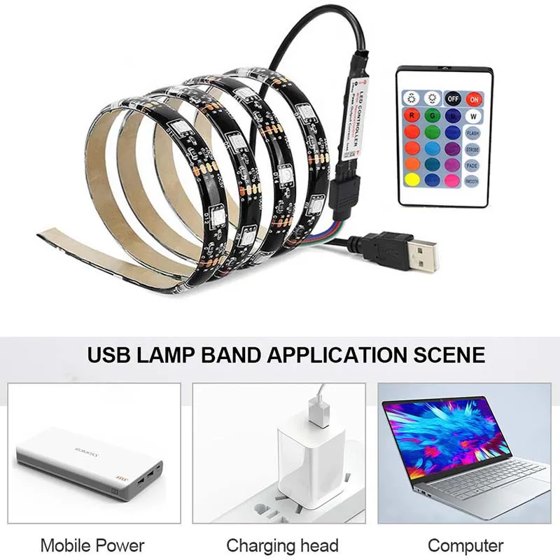 SMD5050 Kit de tira LED 5M DC5V Controle Bluetooth USB Luzes de humor decorativas festivas Lâmpadas arco -íris Faixas de corrida de cavalos