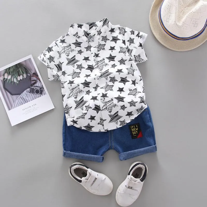 의류 세트 0-36m 아기 소년 옷 유아 어린이 세트 짧은 슬리브 별 패턴 셔츠 탑 데님 바지 2pc 패션 여름