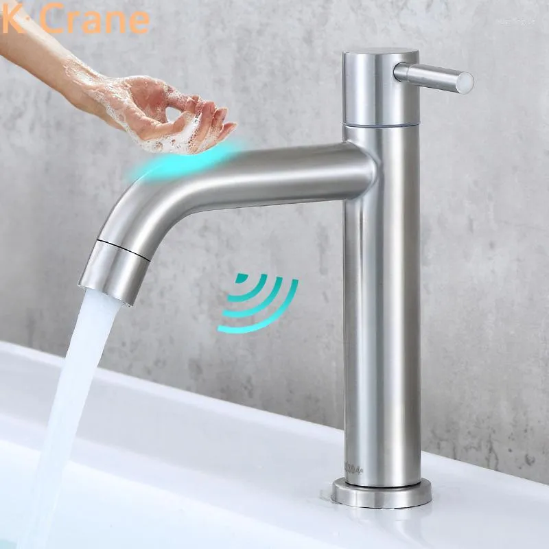 Robinets de lavabo de salle de bain Robinet tactile intelligent Robinet de capteur de bassin Acier inoxydable brossé Grifos Batterie activée Lavage électrique Kraan Torneiras