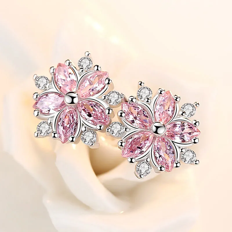 Sweet Statement Pink Cherry Blossom Stud Earrings With Sparkling Zircons - Women's Sterling Silver Jewelry_voghion.com